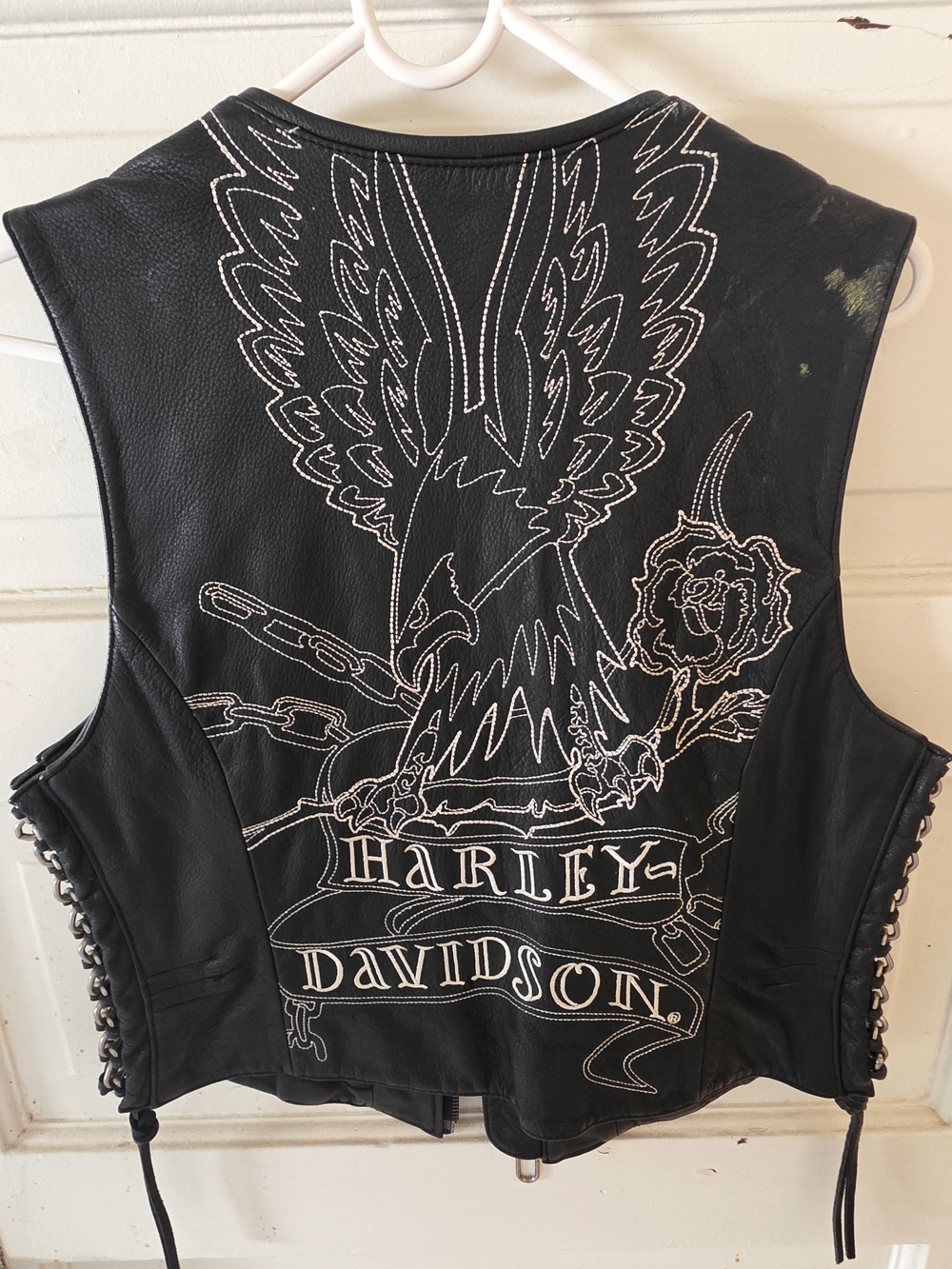 Harley-Davidson Black Leather Vest with White Eagle Stitching